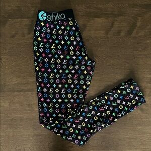 Ethika Womens Black Leggings with Multicolor Pattern